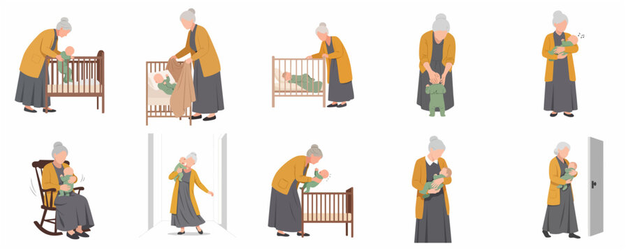 Vector illustration set of a grandmother caring for a baby, depicting various daily childcare activities and grandmotherly love isolated on white.