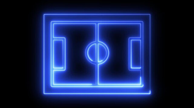 Neon glowing soccer field outline animation on black background, for sports football, pitch