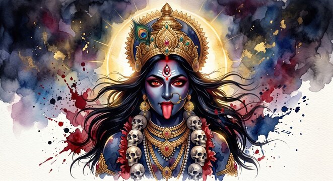 Divine goddess kali portrait with golden ornaments and traditional symbols in vibrant artistic watercolor style for spiritual celebration and religious festivals representing power