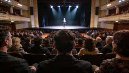 Obraz premium Wide shot of a diverse audience in a dimly lit, classic theater, attentively watching a solo speaker on a brightly spotlighted stage, conveying engagement and focus at a live performance, conference,
