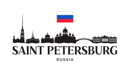 Obraz premium Vector illustration of Saint Petersburg skyline in black silhouette, with “SAINT PETERSBURG” text, on white background, modern city identity and tourism design