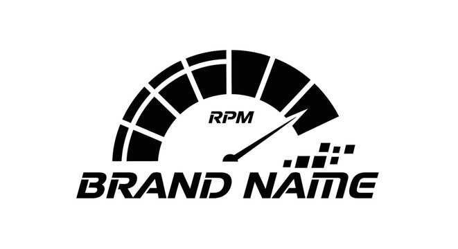 Monochromatic RPM gauge logo with brand name, symbolizing speed and performance.