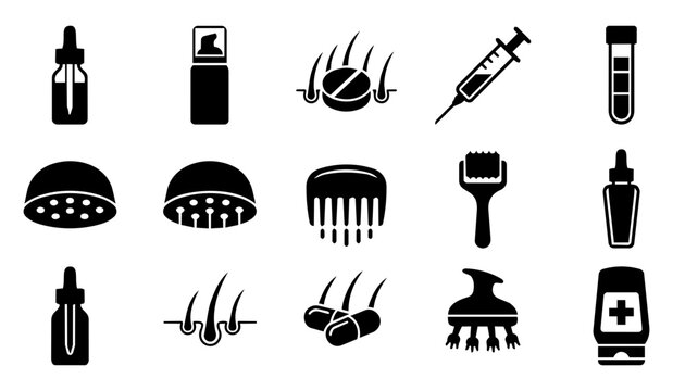 Hair Loss Treatment Silhouette Icon Set - Minoxidil PRP Laser Therapy and Hair Restoration Medical Products