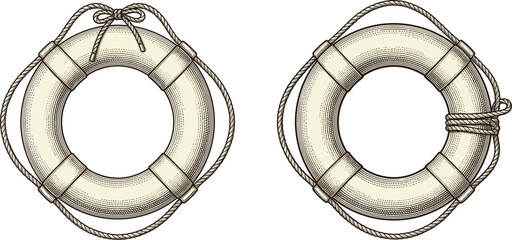 Two beige life preservers with ropes, isolated on white background, lifesaver ring buoy nautical © MdObaidul