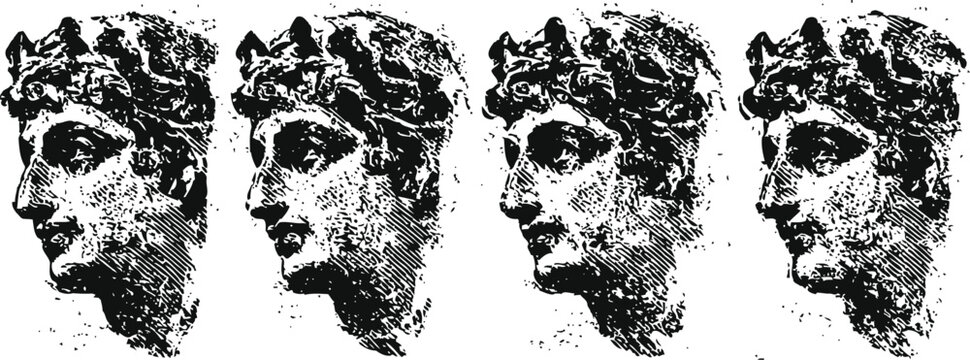 ancient classical statue head engraving repeated four times in black and white