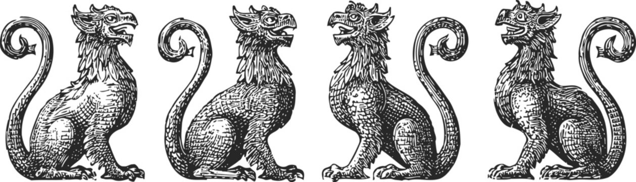 Vintage griffin illustrations mythical creatures heraldic beasts set drawing engraving collection