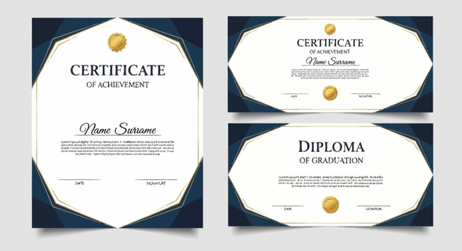 Professional Certificate and Diploma Template Design with Elegant Dark Blue and Gold Geometric Border