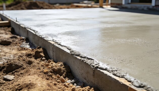 Freshly poured concrete slab with visible formwork, illustrating new construction and foundational groundwork for a building project. Focus on material texture and earthy outdoor setting