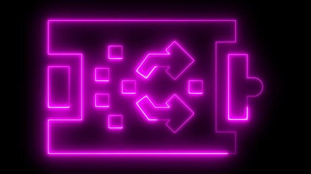 Neon pink digital flowchart animation with moving data blocks and directional arrows glowing