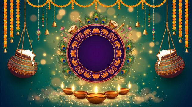Festive Janmashtami celebration background with hanging dahi handi lamps and traditional Indian decor
