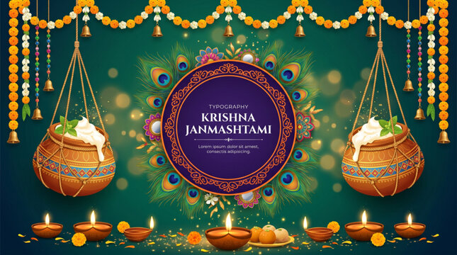 Traditional Krishna Janmashtami festive background with hanging dahi handi pots and glowing diya lamps