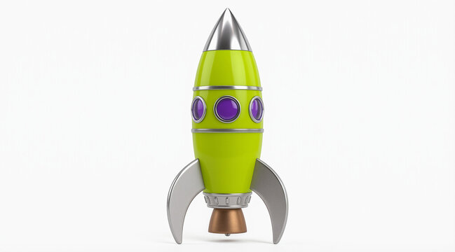 A vibrant green toy rocket with a metallic silver nose cone and three sturdy landing stabilizer fins