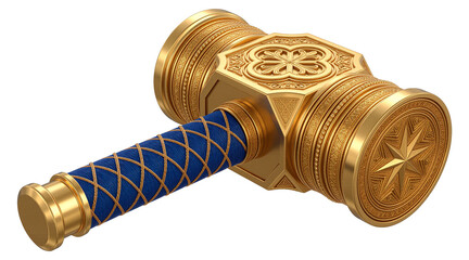 Naklejka premium An ornate golden war hammer featuring intricate metal engravings and a textured blue leather handle