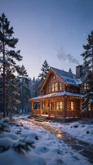 Fototapeta premium Cozy snow-covered log cabin glowing warmly in a peaceful winter forest at dusk