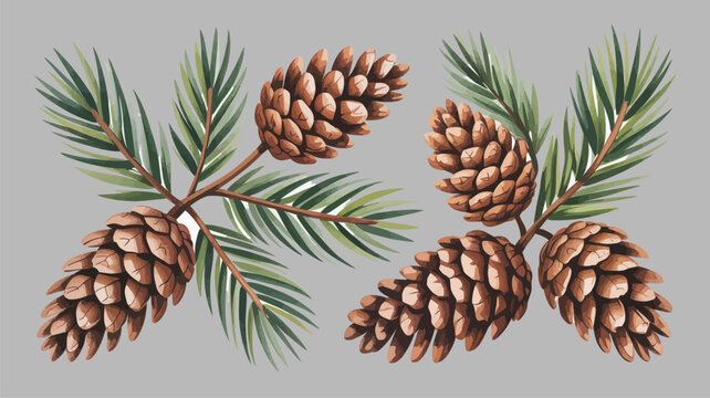 Watercolor illustration of pine cones and pine needles on a gray background.