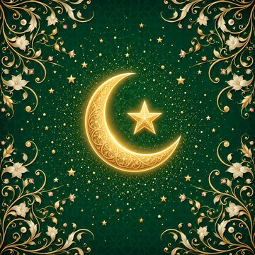 Eid Al-Fitr 2027&mdash;crescent and star, soft gold confetti, festive arabesque pattern