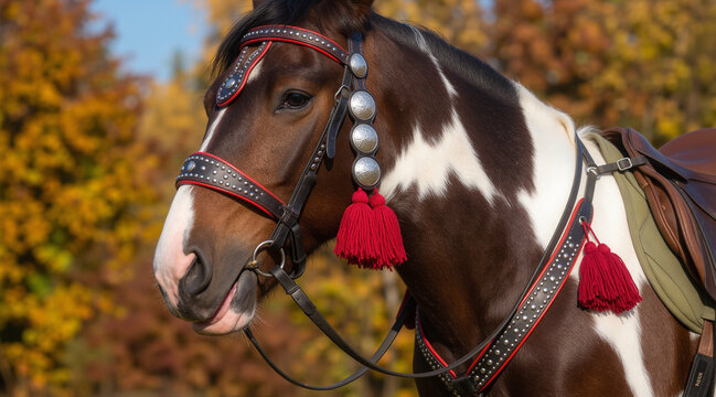A close up portrait of a beautiful piebald horse wearing a decorative western style bridle gear