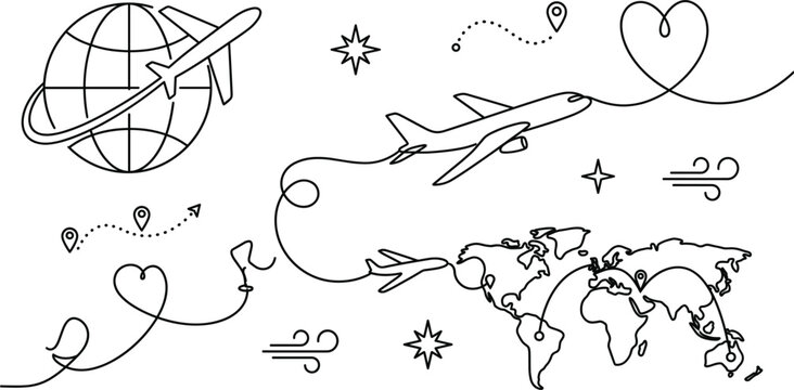 Global travel and aviation line art set with world map airplane globe flight path location pin and continuous line