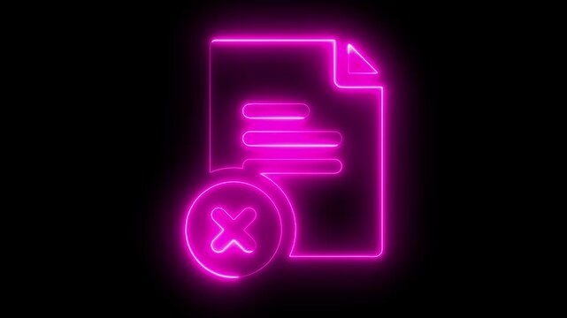 Neon pink document file with delete symbol animation on black background, glowing