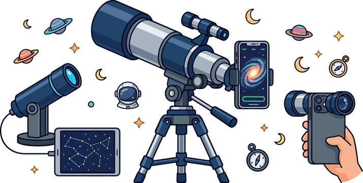 Astrophotography gear vector set featuring telescope on tripod smartphone adapter camera monocular digital tablet with constellations and space elements isolated on white background.