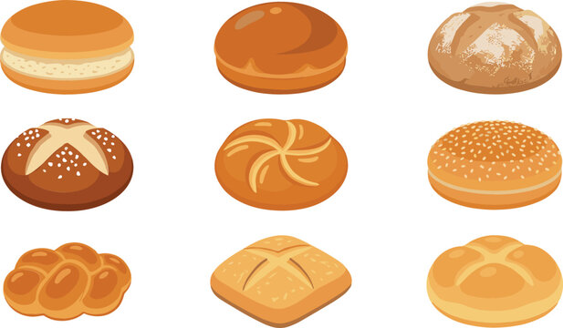 Bakery bread rolls vector illustration collection featuring various types of fresh buns kaiser roll sesame hamburger bun pretzel and braided brioche
