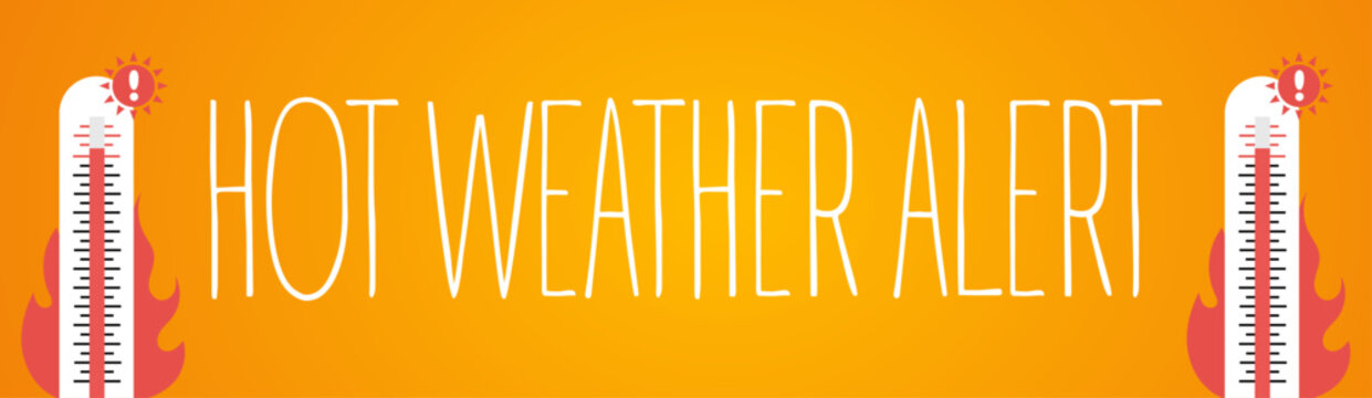 Hot weather alert. Warning of extreme heat with thermometers showing high temperatures.