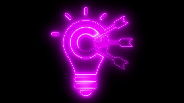 Neon light bulb target with arrows hitting bullseye for business strategy and innovation lightbulb