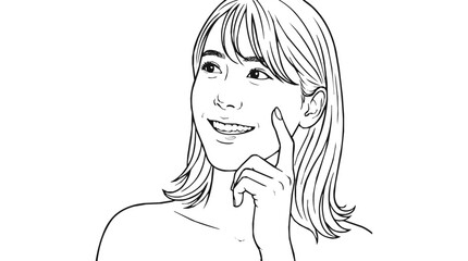 Fototapeta premium Beautiful smiling young woman in clean black line art style touching her face, representing skincare, beauty, and healthy glowing skin routine.