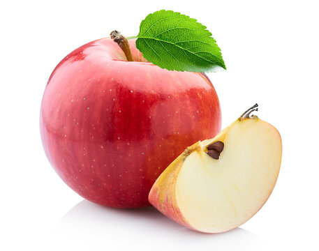 Red apple fruit with apple half and green apple leaf isolated on white background