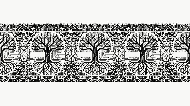 Intricate seamless border with a digital tree design featuring circuit board branches, binary code leaves, and electronic motherboard pattern