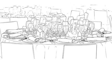 Obraz premium Elegant wedding table setting for a formal banquet dinner reception featuring wine glasses, plates, and a floral centerpiece in a line art sketch.