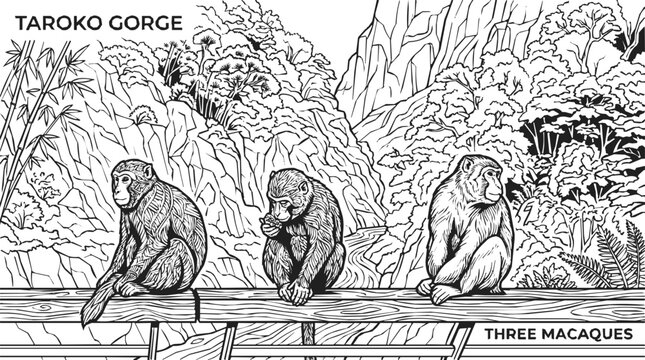 Monkey, illustration - Three macaque monkeys sitting in the scenic Taroko Gorge landscape in Taiwan, depicting wildlife in a beautiful mountain