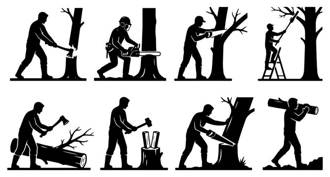 Forestry Workers Cutting and Sawing Trees with Chainsaw Logging Industry Vector Icon Set