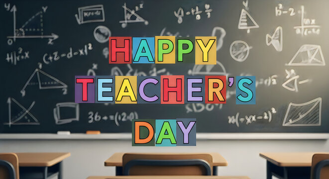 Happy teachers day message with mathematical formulas and classroom setting