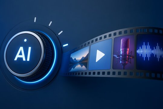 Artificial intelligence knob with media content for the concept of AI in media and entertainment.