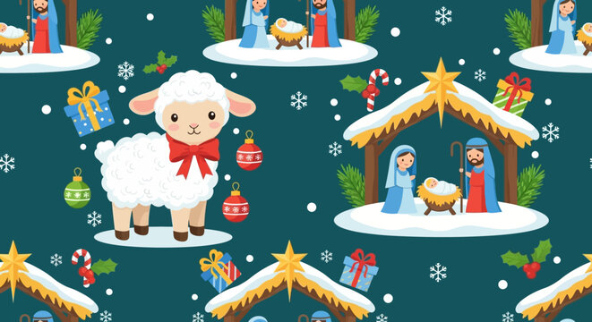 Cute Christmas Nativity Scene Seamless Pattern with Sheep, Gifts, and Ornaments