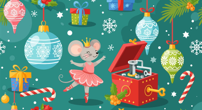 Cute ballerina mouse dancing with nutcracker music box, Christmas ornaments, gifts, candy canes