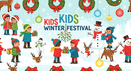 Fototapeta premium Kids Winter Festival Celebration with Snowmen, Deer, and Festive Decorations