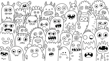 Cute and quirky hand-drawn doodle monsters with various facial expressions in a dense playful group for creative art projects. ©  Victory Pixel