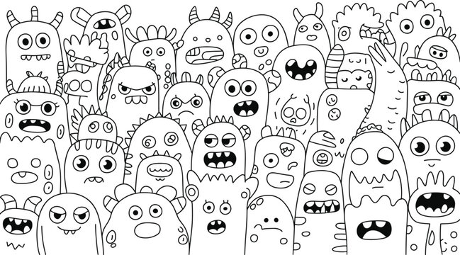 Cute and quirky hand-drawn doodle monsters with various facial expressions in a dense playful group for creative art projects.