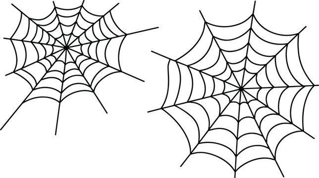 Intricate black line art of two spooky spider webs creating an eerie atmosphere on a minimalist clean white background.