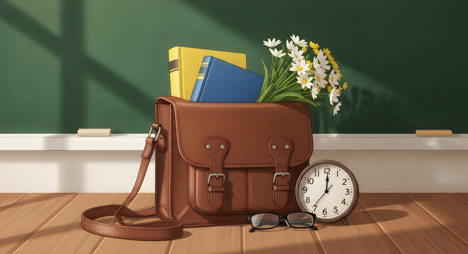 School supplies illustration with books satchel flowers glasses and clock on wooden surface