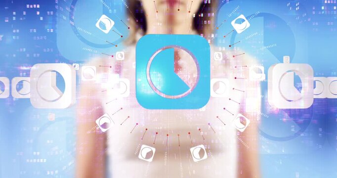 Female hand pressing interactive financial analytics data hologram interface.
