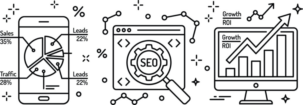 SEO and digital marketing line icon set with smartphone pie chart web browser development and computer growth graph