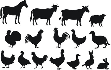 Fototapeta premium Farm Animal Silhouettes Collection Set Featuring Horse Cow Sheep Poultry Birds and Rabbits on White Background