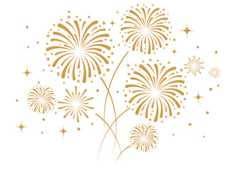 Obraz premium Elegant gold firework bursts with stars and dots over a clean white background. Festive celebration and holiday event vector illustration.