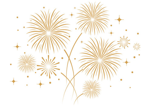 Elegant gold firework bursts with stars and dots over a clean white background. Festive celebration and holiday event vector illustration.
