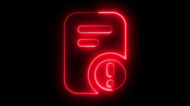 Neon red document error glowing on black background, digital file alert symbol animation