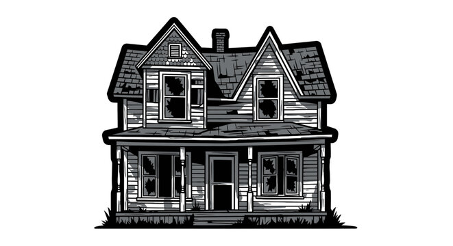 Detailed black and white sketch of a two story wooden house with a front porch