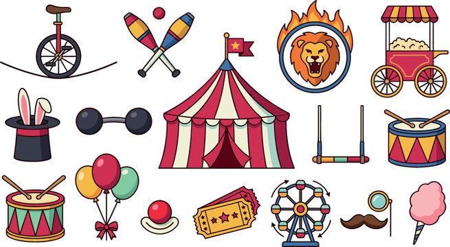 Circus carnival elements icon set featuring vintage big top tent trained lion jumping through fire hoop popcorn cart and amusement park attractions vector illustration